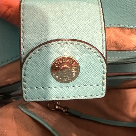 Turquoise Leather Tote Bag with Chain Straps - Picture 4 of 5